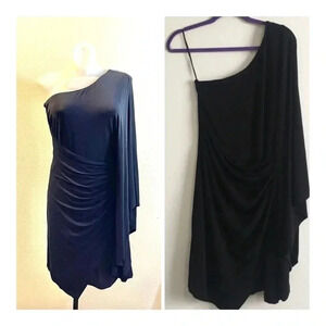 Trina Turk Size 2 Black One Shoulder Batwing Dress Ruched Spandex Rayon Lined